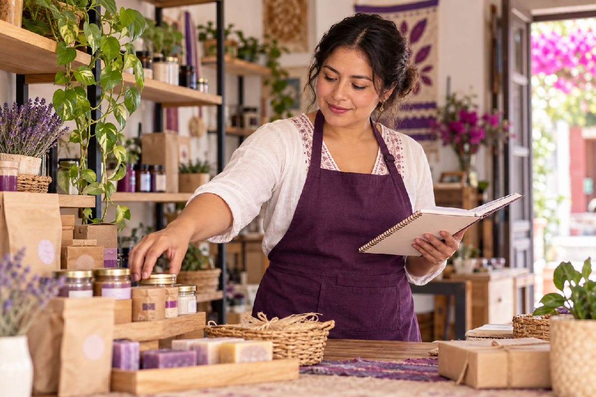 Emprendedora organizando productos en su negocio local